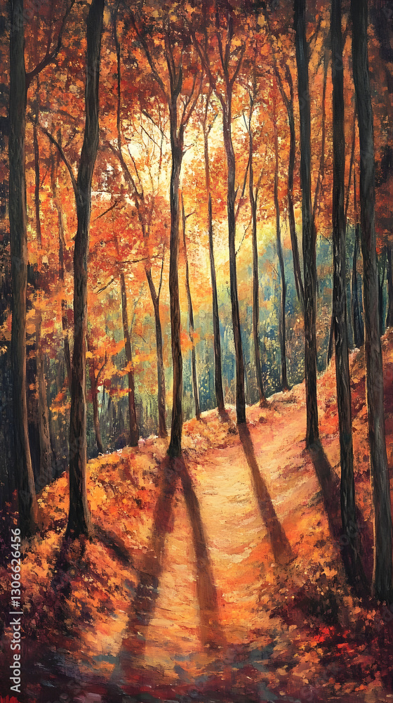 Obraz premium A forest in autumn, with trees adorned by golden leaves and sunlight filtering through the branches 