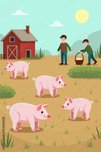 Ethical & Sustainable Pig Farming: Vector Illustration of Happy Pigs in Open Pasture, Humane Treatment, Eco-Friendly Agriculture, Pork Production Transparency & Consumer Awareness