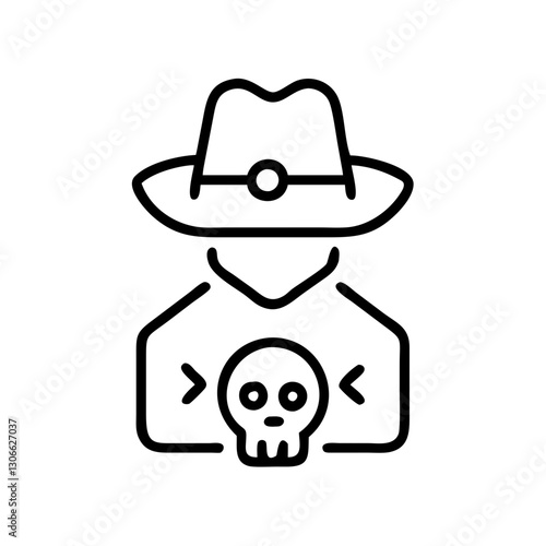 Illustration of a hacker figure with a hat and skull representing cybersecurity threats