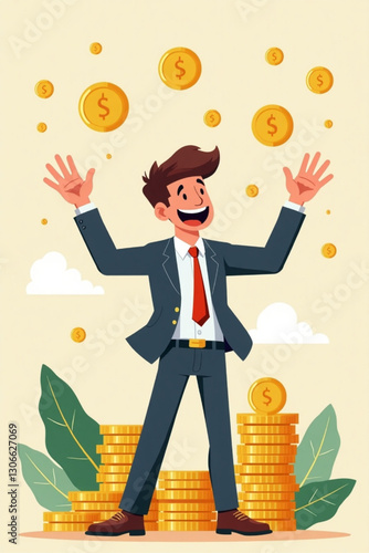 Dynamic Vector Illustration: Ecstatic Entrepreneur Jumps for Joy, Celebrating Financial Success & Business Growth - Symbolizing Achievement, Investment Returns & Career Victory