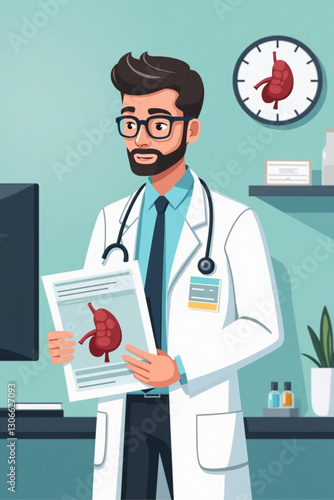 Male Doctor Analyzing Liver Disease Pathology Lab Results in Medical Office with Microscope, Clipboard, and Anatomical Model - Healthcare Diagnosis Vector Graphic