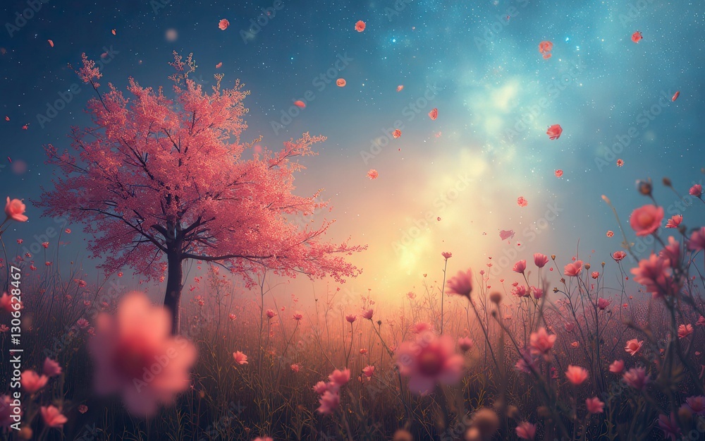 Obraz premium Digital Painting of Pink Cherry Blossoms with Starry Night and Glowing Sunrise