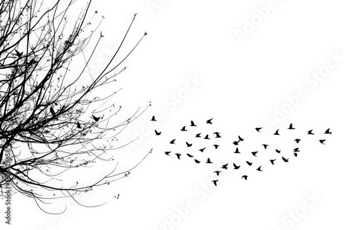 Birds Taking Flight from Winter Branches.
