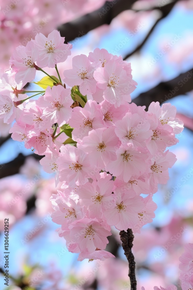 Fototapeta premium Beautiful Soft Pink Cherry Blossom Flowers on Tree Branch, Vibrant Colors, Under Blue Sunny Sky.