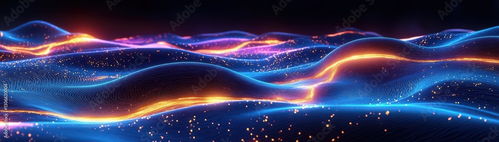 Obraz premium Imaginary landscape of pulsating neon blues & purples, cosmic rivers of golden energy, ultra-HD, abstract sci-fi
