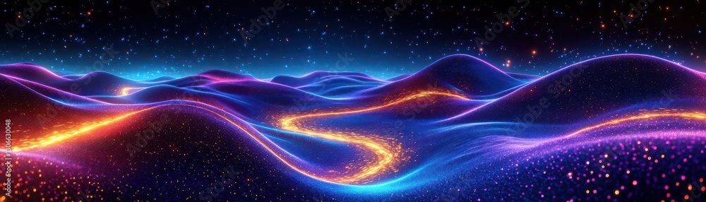 Fototapeta premium Imaginary landscape of pulsating neon blues & purples, cosmic rivers of golden energy, ultra-HD, abstract sci-fi