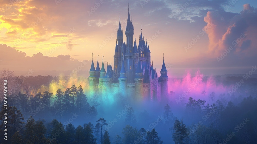 Fototapeta premium Majestic castle surrounded by colorful mist in a beautiful landscape setting