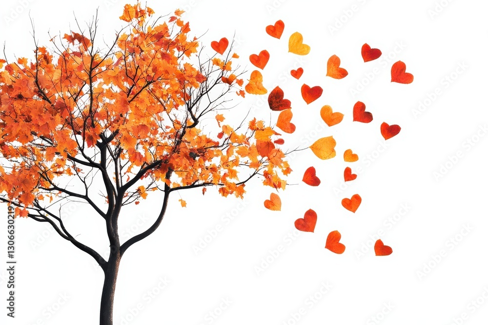 Fototapeta premium Autumn Tree for Heart Leaves Falling, White Background.