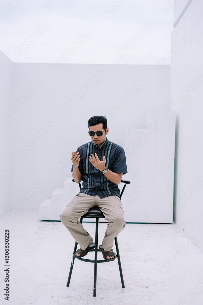 Contemplative man in traditional attire against minimalist white backdrop Contemplative man in traditional attire against minimalist white backdrop