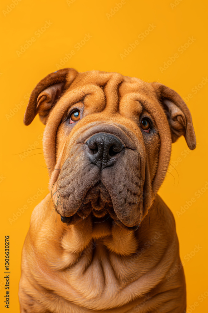 Obraz premium Chinese Shar-Pei dog on minimalistic colorful background with Copy Space. Perfect for banners, veterinary ads, pet food promotions, and minimalist designs.