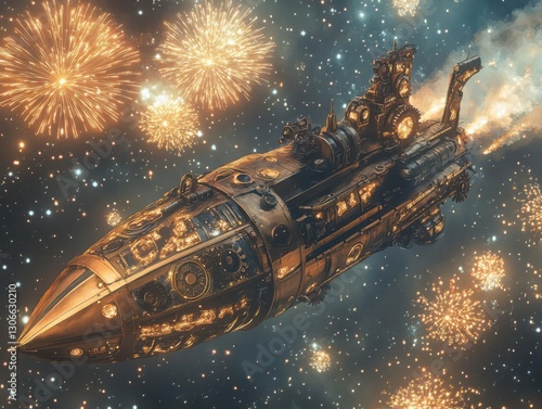 Wallpaper Mural Imagine a magical steampunk airship soaring through a sky filled with dazzling celestial fireworks, copper gears and brass details shining, digital art piece Torontodigital.ca