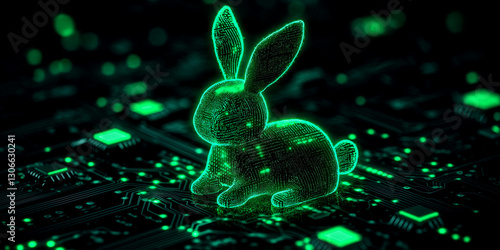 Glowing neon cyber Easter bunny made of LED lights laying on circuit board	