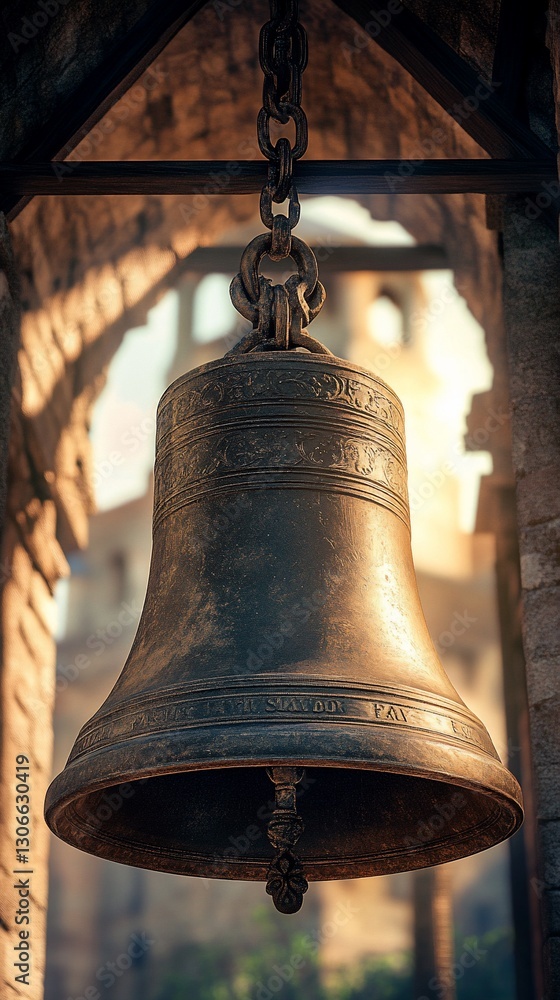 Obraz premium Ancient bronze bell, church ruins, sunrise, history, tourism