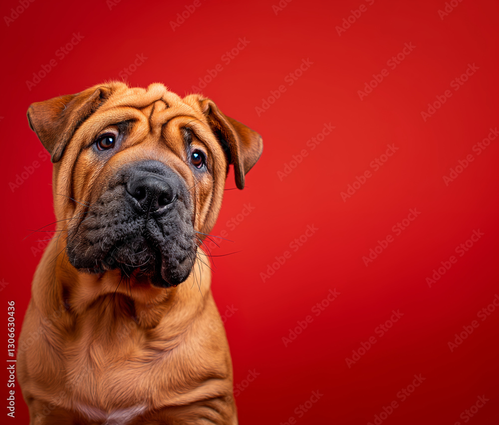 Obraz premium Chinese Shar-Pei dog on minimalistic colorful background with Copy Space. Perfect for banners, veterinary ads, pet food promotions, and minimalist designs.