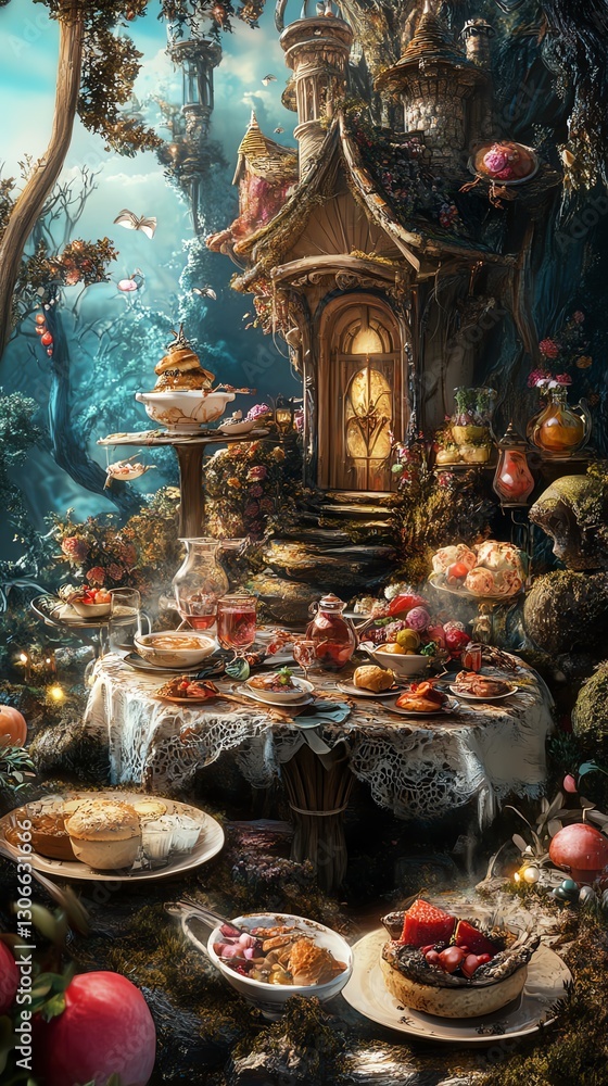 Obraz premium Enchanted fairytale forest scene with a whimsical cottage, abundant feast, and magical lighting. Perfect for fantasy, fairytale, and food themes.