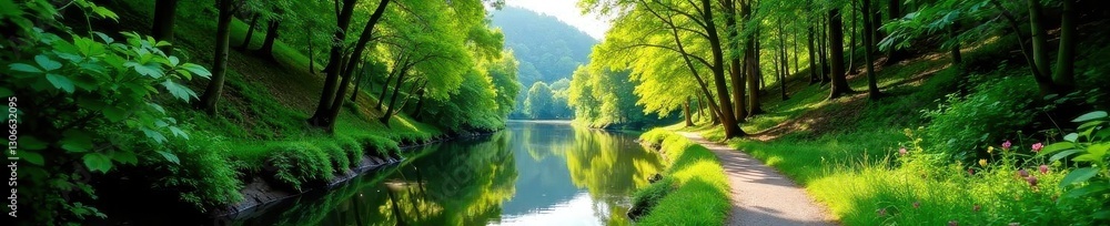 Fototapeta premium Winding riverside path, lush foliage, sunlight dappled, trail, reflections