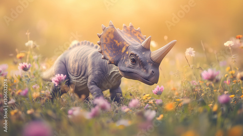 baby triceratops explores flower filled field, radiating pure joy and innocent wonder as it discovers world around it with playful curiosity