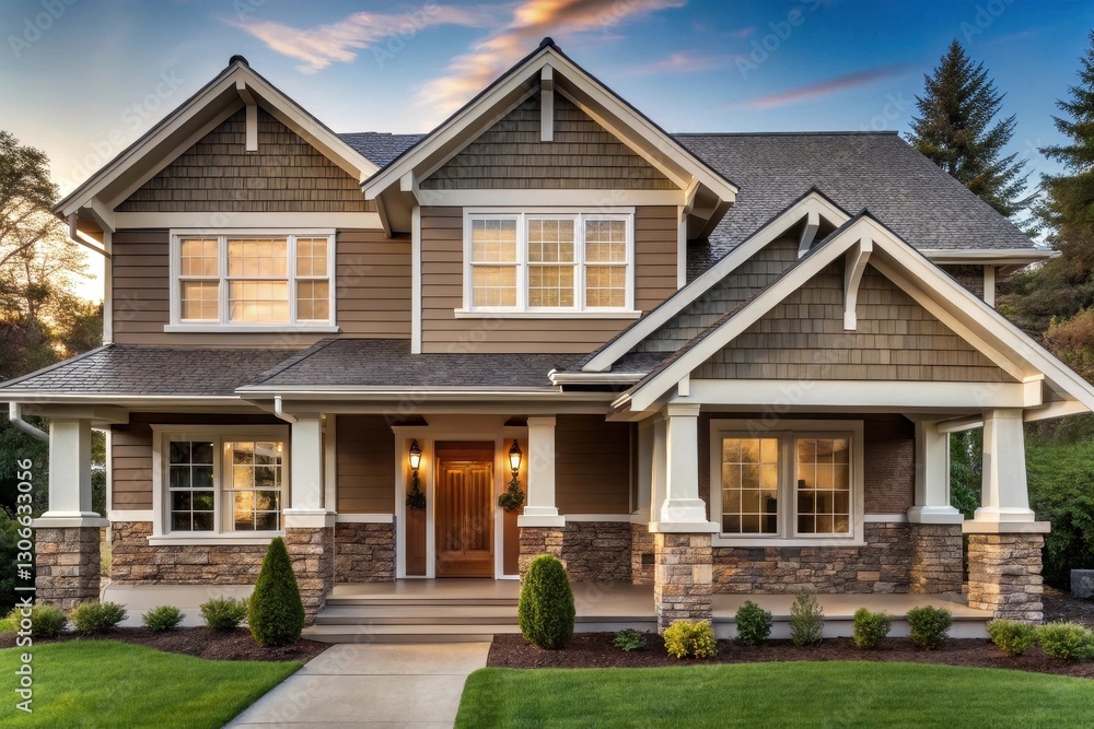 Obraz premium Dream Home Exterior Elegant Two-Story House with Stone Accents and Expansive Porch at Dusk