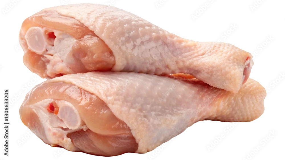 Two fresh raw chicken drumsticks, stacked irregularly isolated on white background. Suitable for marketing or business purposes. PNG file Two fresh raw chicken drumsticks, stacked irregularly isolated on white background. Suitable for marketing or business purposes. PNG file