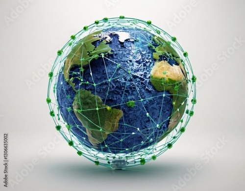 Stylized digital globe logo, featuring interconnected lines and dots to symbolize global connectivity and advanced technology, in cybernetic blue and digital green colors, white background