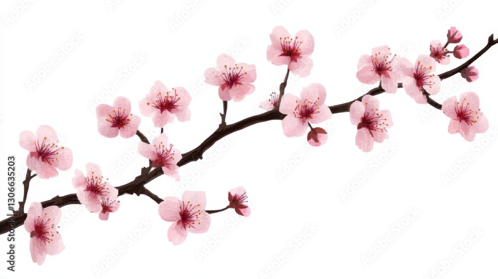 Fototapeta premium Delicate Cherry Blossom Branch with Soft Pink Flowers on a White Background Perfect for Spring-Themed Designs and Decorative Projects