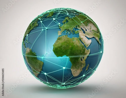 Stylized digital globe logo, featuring interconnected lines and dots to symbolize global connectivity and advanced technology, in cybernetic blue and digital green colors, white background