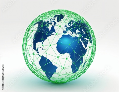 Stylized digital globe logo, featuring interconnected lines and dots to symbolize global connectivity and advanced technology, in cybernetic blue and digital green colors, white background