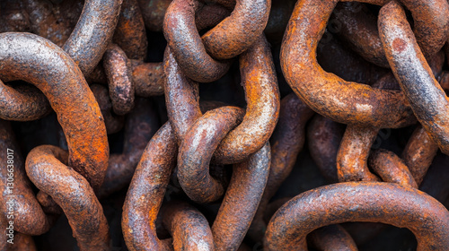 A close-up of rusted metal chains intertwined, showcasing texture and decay.