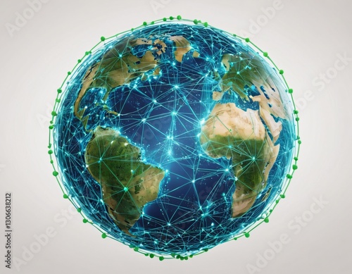 Stylized digital globe logo, featuring interconnected lines and dots to symbolize global connectivity and advanced technology, in cybernetic blue and digital green colors, white background