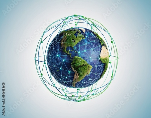Stylized digital globe logo, featuring interconnected lines and dots to symbolize global connectivity and advanced technology, in cybernetic blue and digital green colors, white background