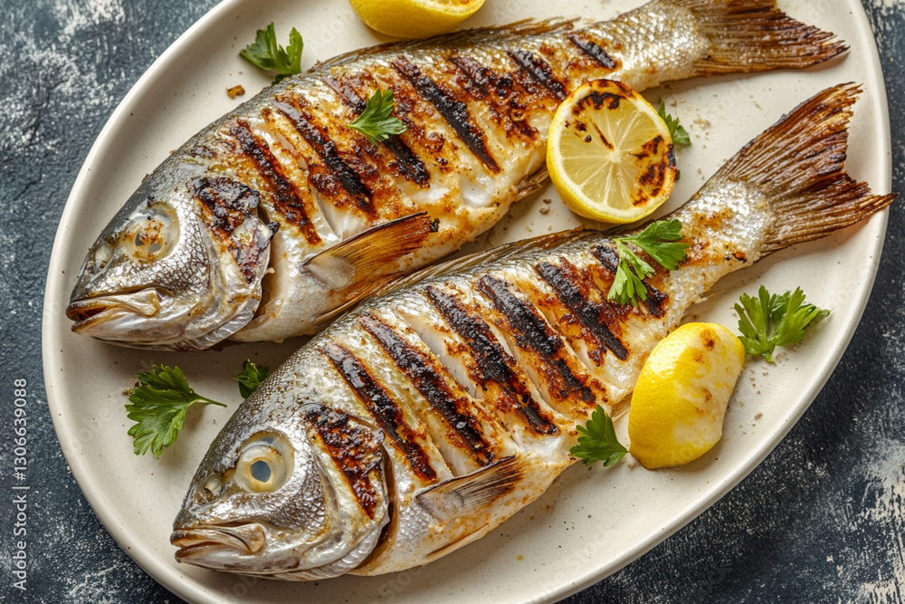 Delicious grilled dorado or sea breath fish with lemon. vertical image. top view. place for text Delicious grilled dorado or sea breath fish with lemon. vertical image. top view. place for text