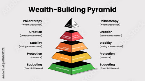 Wealth-Building Pyramid – Financial Growth Stages Illustrated with Money, Steps, and Investment Steps Business and Wealth Vector Design