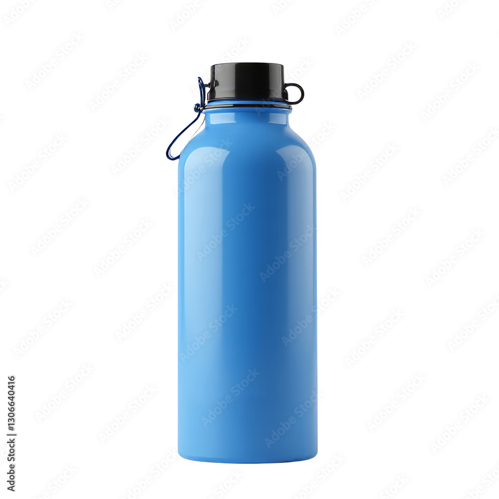 Cylindrical Blue Aluminum Water Bottle with Black Cap and Carrying Loop Cylindrical Blue Aluminum Water Bottle with Black Cap and Carrying Loop