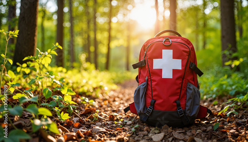 Emergency first aid backpack on forest trail at sunset, wilderness safety
