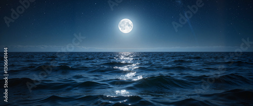 Tranquil ocean waves under moonlight at night, serene atmosphere