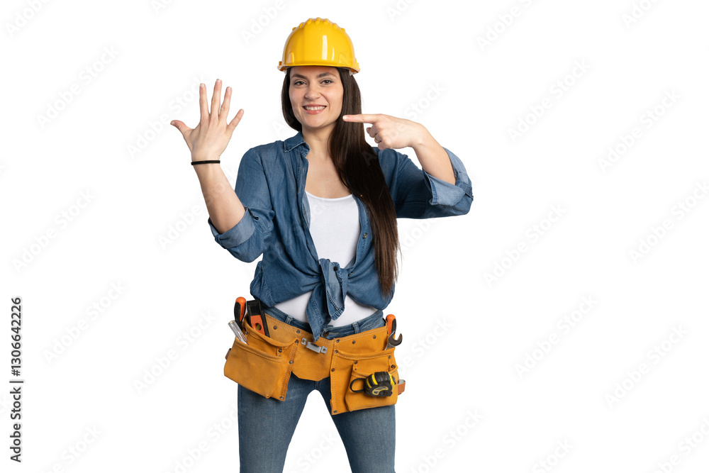 Smiling Female Construction Worker Showing Five Fingers Smiling Female Construction Worker Showing Five Fingers