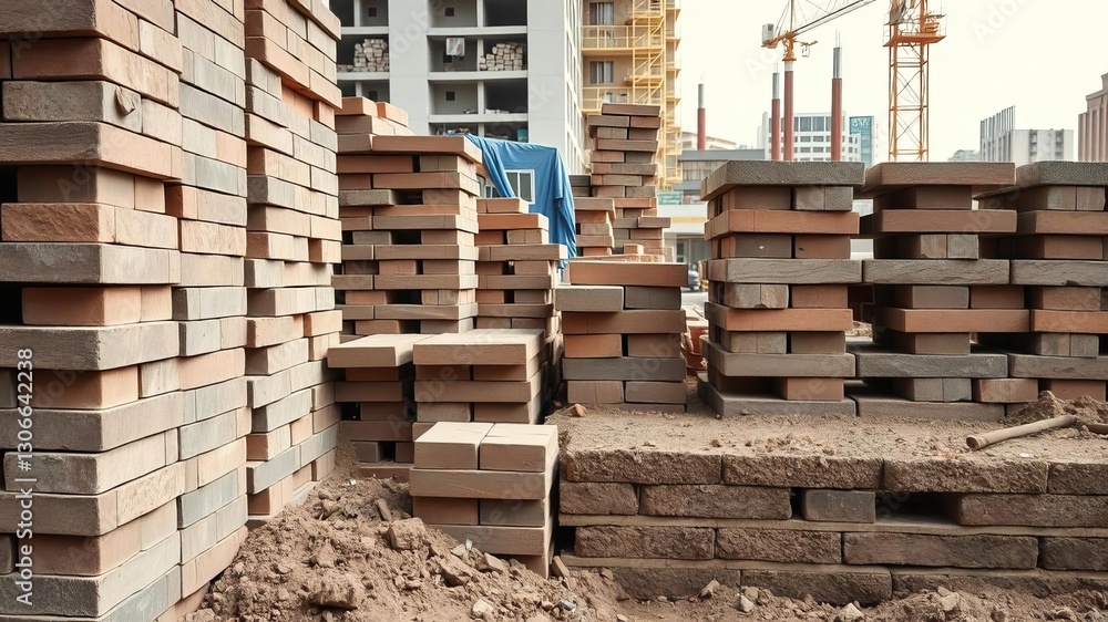 Neatly stacked bricks and construction materials on a building site representing infrastructure expansion and urban development, expansion, construction site Neatly stacked bricks and construction materials on a building site representing infrastructure expansion and urban development, expansion, construction site