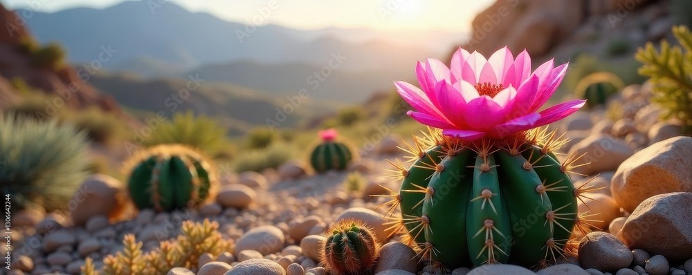 Fototapeta premium Vibrant pink desert bloom, spiny green cactus, desert bloom, bloom, Sonoran Desert