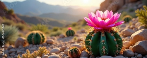 Vibrant pink desert bloom, spiny green cactus, desert bloom, bloom, Sonoran Desert
