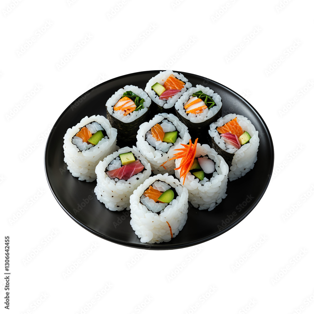 Delicious Japanese Sushi Rolls with Vegetables and Fish, Isolated on Transparent Background. Delicious Japanese Sushi Rolls with Vegetables and Fish, Isolated on Transparent Background.