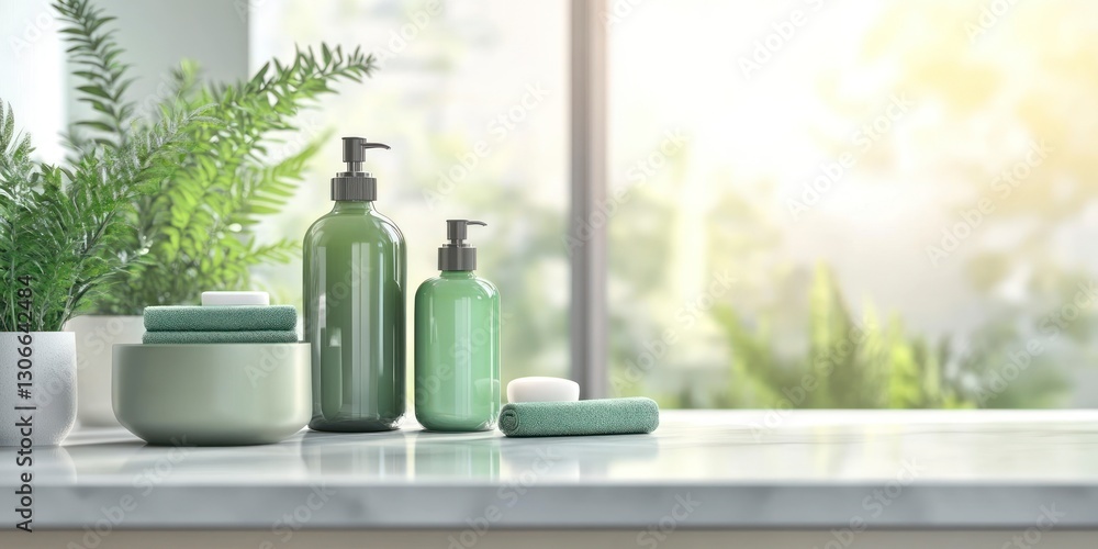 Spa Products on Marble Counter with Green Plant and Natural Light