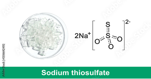 Sodium Thiosulfate in chemical watch glass with molecular structure. Top View