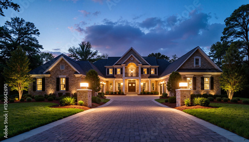 Elegant mansion illuminated at dusk