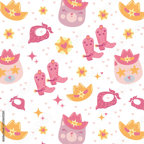 Cute seamless vector pattern background with cowboy cats, sheriff hats, boots, bandanas, and stars in pink and yellow tones. Fun and playful western-themed digital illustration for fabric, wrapping, a