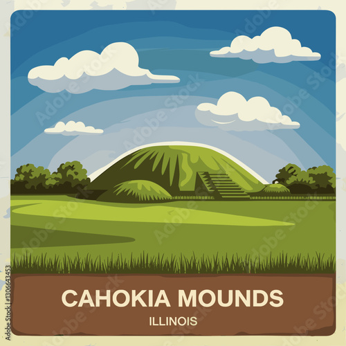 Scenic Illustration of Cahokia Mounds, Illinois