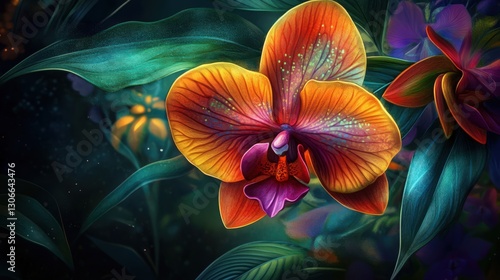 Exotic orchid blooms against a lush foliage backdrop, vibrant flower art