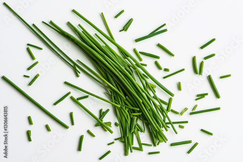 A loose chives naturally scattered, isolated on a crisp white background