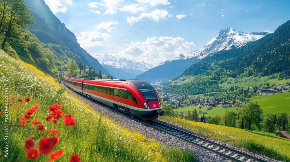 A red train travels through a beautiful mountain landscape scene