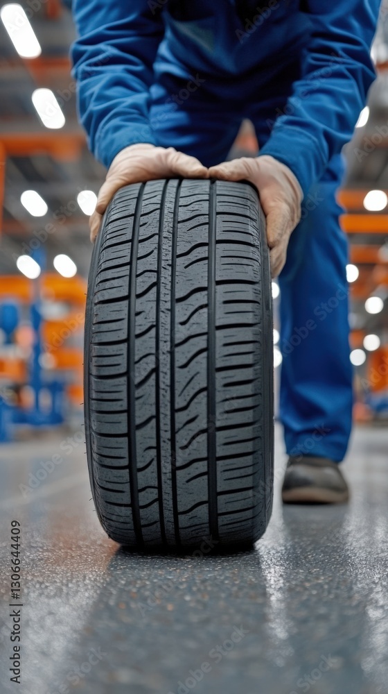Obraz premium A Skilled Male Mechanic in a Blue Uniform Holding a Brand-New Tire in an Automotive Workshop, Showcasing His Expertise in Tire Management and Maintenance