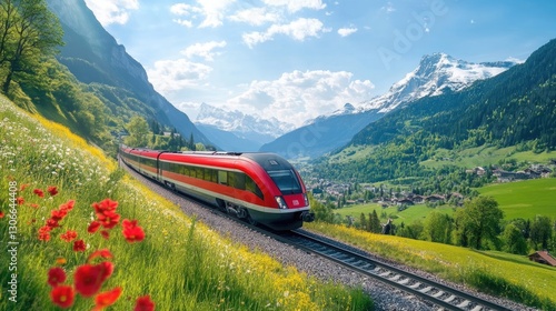 Obraz na płótnie A red train travels through a beautiful mountain landscape scene w salonie